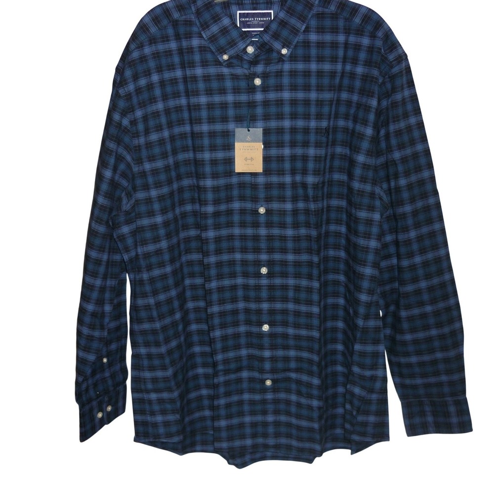 Charles Tyrwhitt Mens XXL Classic Fit Blue Black Plaid Stretch Button Down Shirt